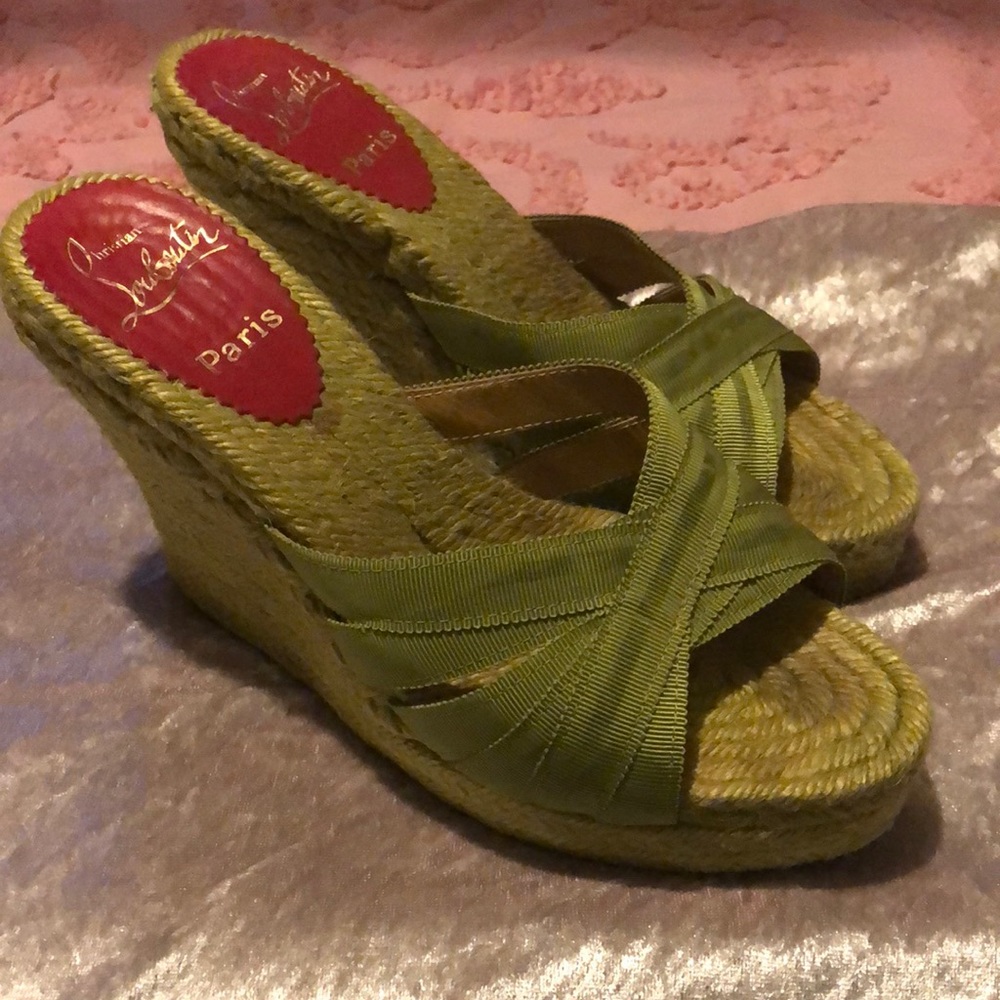 Green ribbon Christian louboutin wedge espadrille heels 37